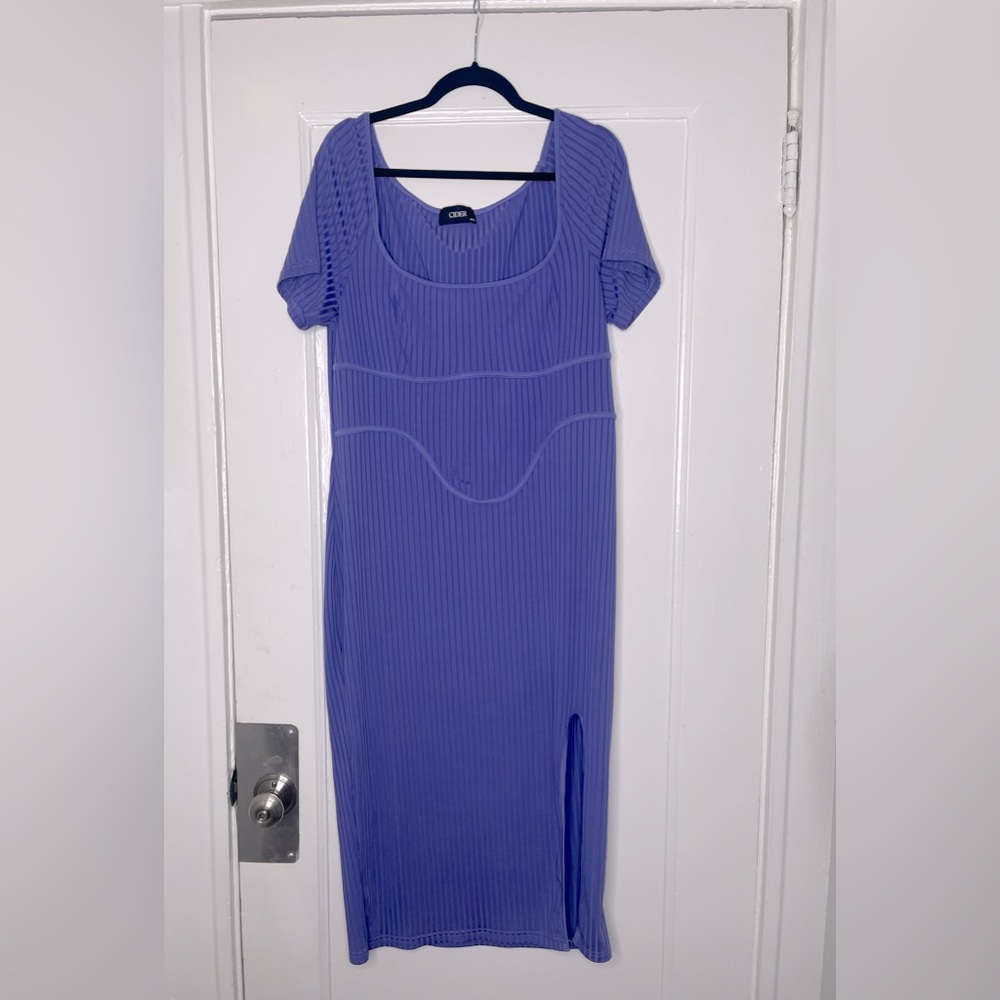 Simple Ribbed Knit Periwinkle Square Neck Midi Dress
